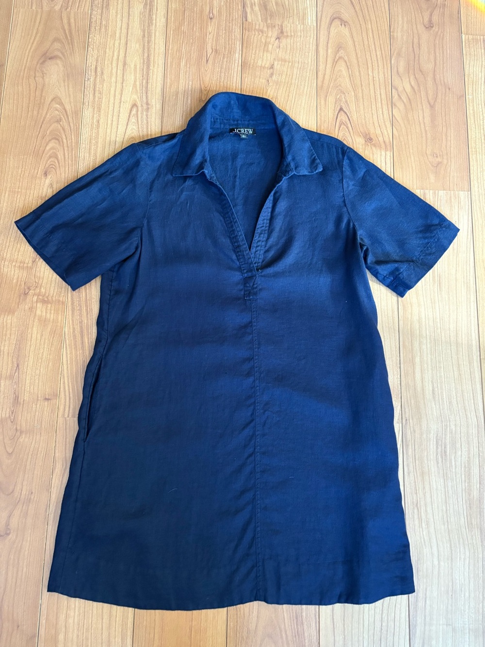 J. Crew 100% linen Navy Short-Sleeve A-line dress with pockets